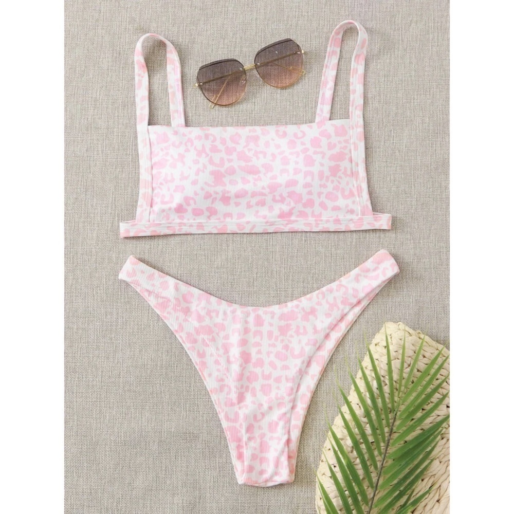 NEW Pink Leopard Ribbed Bikini Swimsuit SHEIN